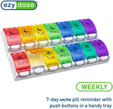 Weekly (7-Day) Pill Case, Medicine Planner, Vitamin Organizer, 2 Times a Day AM/PM, Removeabale Trays, Large Push Button Compartments, Easy to Use, Arthritis Friendly, Rainbow Lids, BPA Free