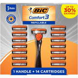 Comfort 3 Refillable Men'S Razor, Perfect for Mens Razors for Shaving with 3 Blade Razors, Razor Gift Set with 1 Handle and 14 Cartridges