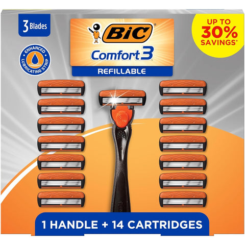 Comfort 3 Refillable Men'S Razor, Perfect for Mens Razors for Shaving with 3 Blade Razors, Razor Gift Set with 1 Handle and 14 Cartridges