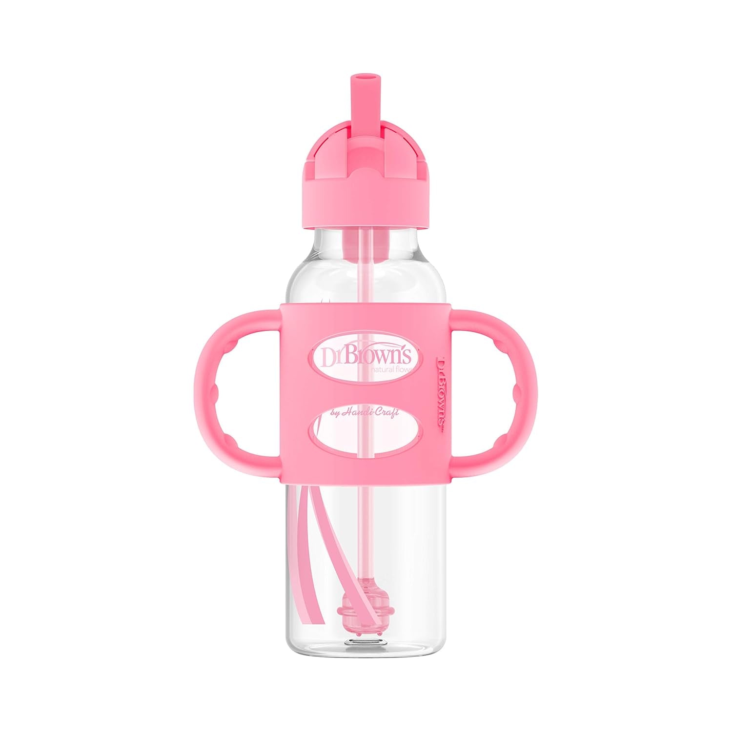 Milestones Narrow Sippy Straw Bottle, Spill-Proof with 100% Silicone Handles and Weighted Straw, 8 Oz/250 Ml, Pink, 6M+