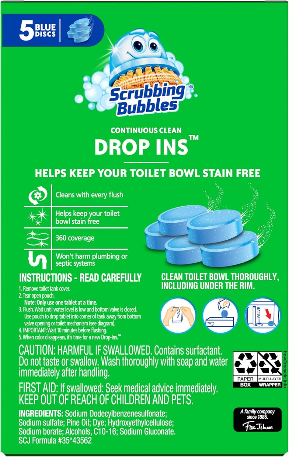 Toilet Bowl Tablets, Continuous Clean Toilet Drop in Discs, Each Tablet Provides 4 Weeks of Protection against Stains and Build Up, 5 Count (Pack of 1)