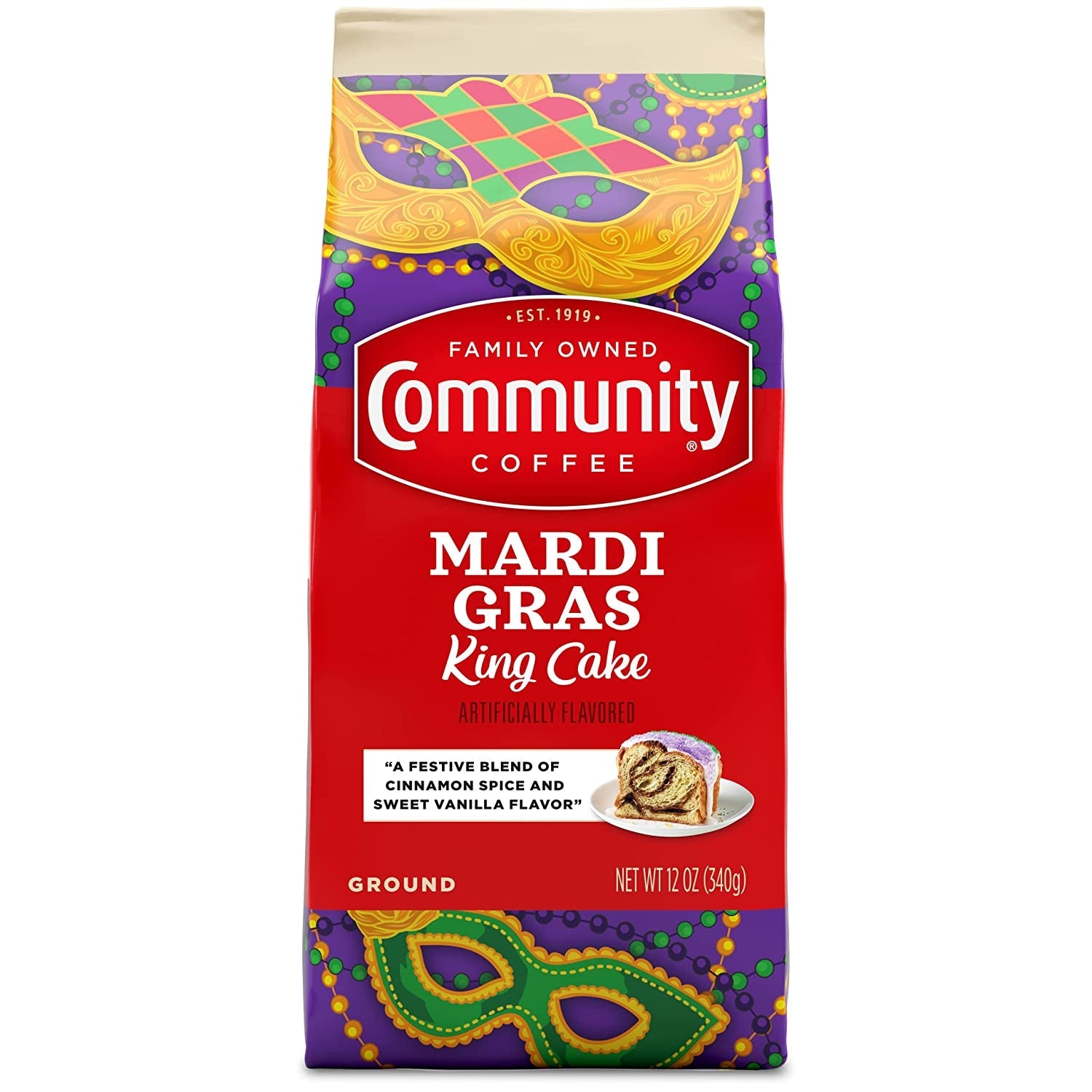 Mardi Gras King Cake Flavored 12 Ounces, Medium Roast Ground Coffee, 12 Ounce Bag (Pack of 1)