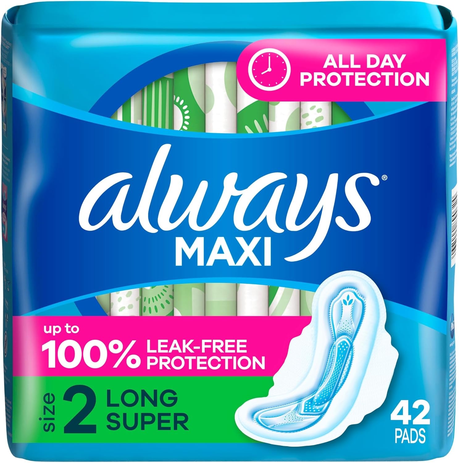 Maxi Feminine Pads with Wings for Women, Size 2, Long Super Absorbency, Unscented 42 Count (Packaging May Vary)