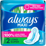 Maxi Feminine Pads with Wings for Women, Size 2, Long Super Absorbency, Unscented 42 Count (Packaging May Vary)