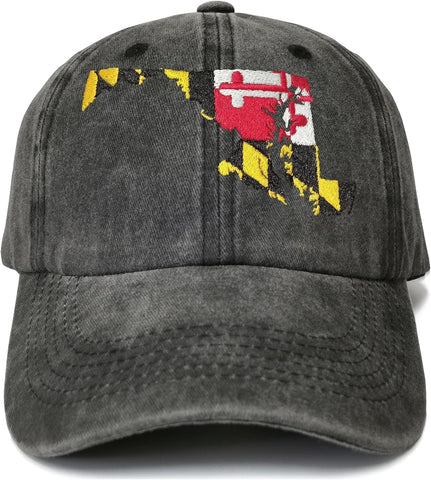 Embroidered Maryland State Flag Hat for Kids Women Men, Washed Black Distressed Denim Baseball Cap Adjustable Dad Hat Unisex