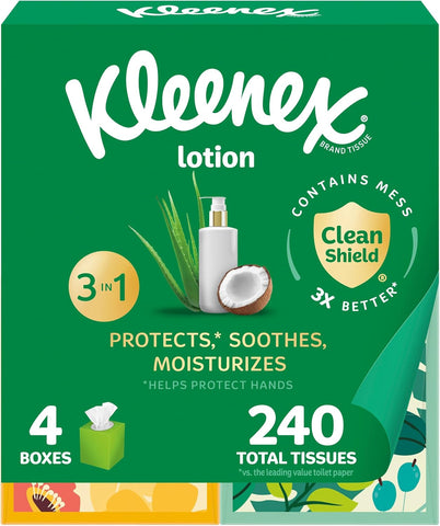 Lotion Facial Tissues with Coconut Oil, 4 Cube Boxes, 60 Tissues per Box, 3-Ply