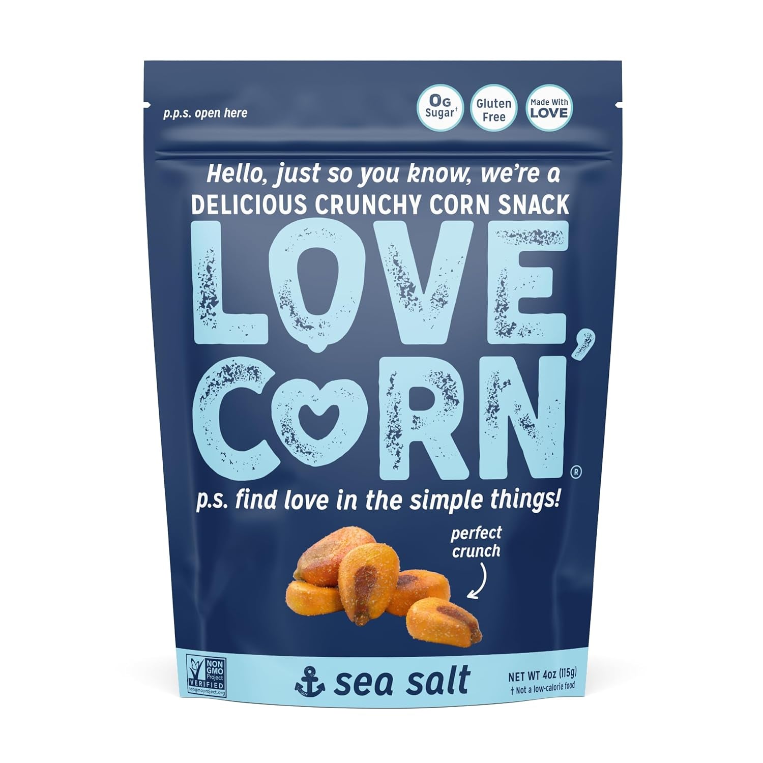 Sea Salt | Delicious Crunchy Corn Natural Snack | 4 Ounce X 1 Bag | Non-Gmo, Low-Sugar, Gluten-Free, Plant Based, Vegan, Low Sugar