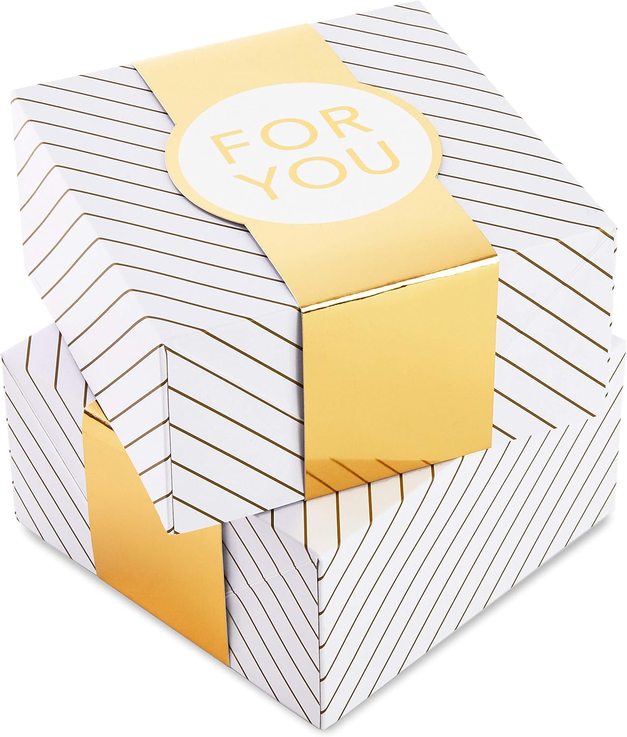 8" Medium Gift Box Set with Wrap Bands (2-Pack: Gold and White Stripes, for You) for Christmas, Hanukkah, Weddings, Valentine'S Day, Birthdays