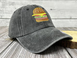Embroidered Hamburger Baseball Hat for Men Women Adults, Washed Black Cheese Burger Embroidery Snapback Adjustable Dad Hat
