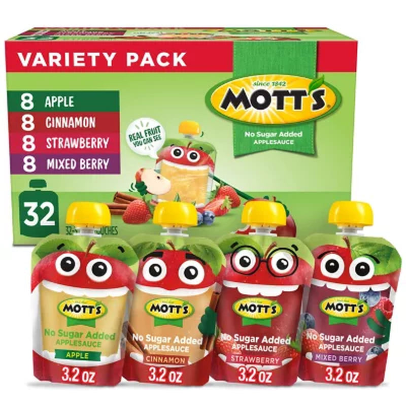 Mott'S No Sugar Added Applesauce Variety Pack, 3.2 Oz., 32 Pk.