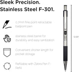 F-301 Retractable Ballpoint Pen, Stainless Steel Barrel, Fine Point, Black Ink, 4-Pack (27114)