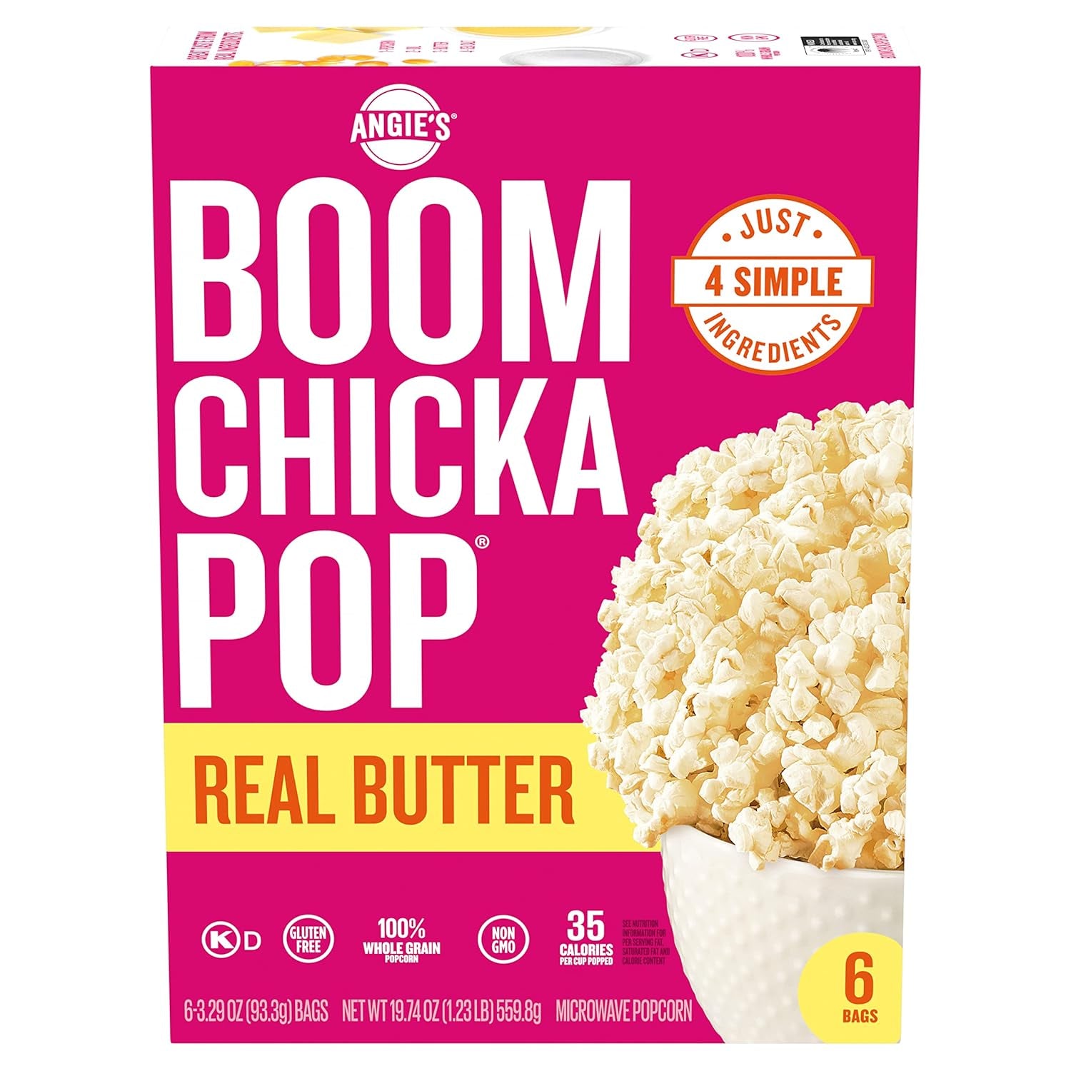 Angie'S  Real Butter Microwave Popcorn, 6 Count, 3.29 Oz. Bags