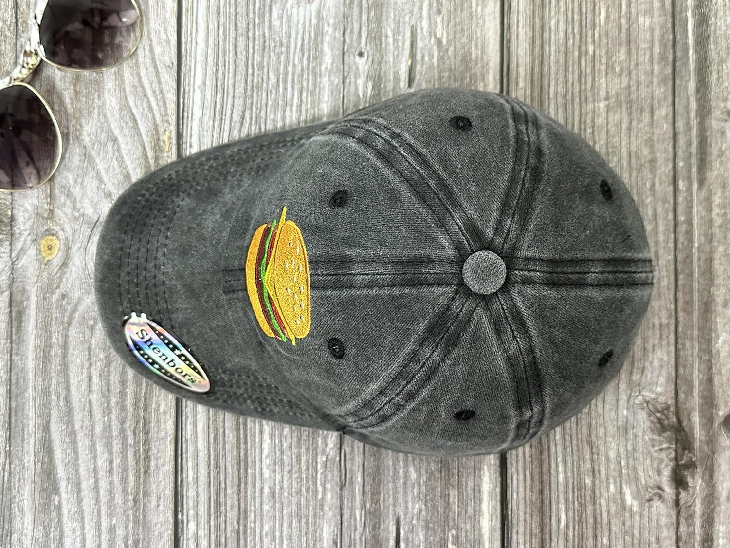 Embroidered Hamburger Baseball Hat for Men Women Adults, Washed Black Cheese Burger Embroidery Snapback Adjustable Dad Hat