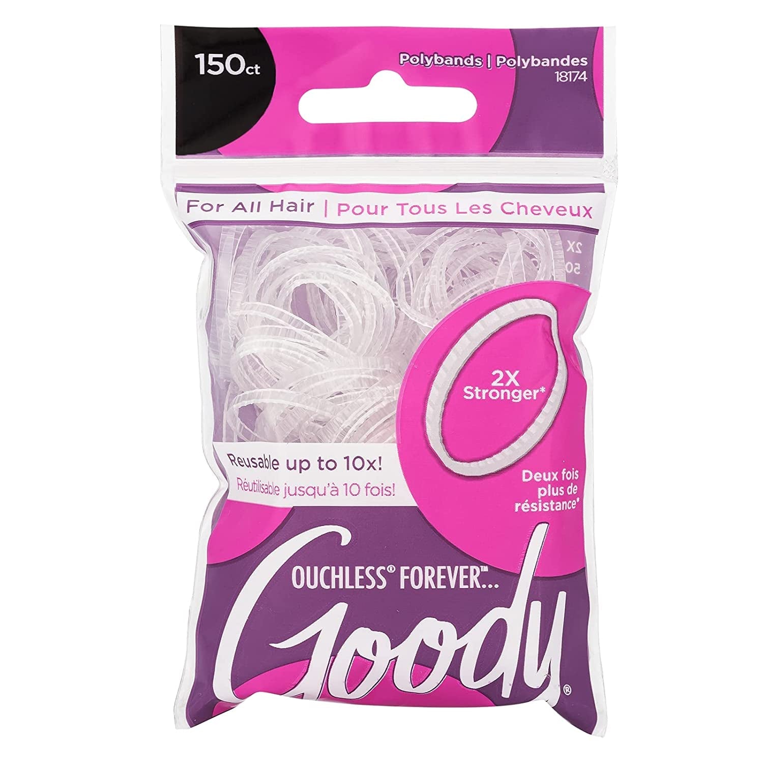 Ouchless Forever Polyband Hair Ties, 150 Ct, Clear, Elastic Bands, Easy Glide, Ultra-Strong Hold Styling Accessories for Women & Men, Secure Hold Ridge Design, All Hair Types