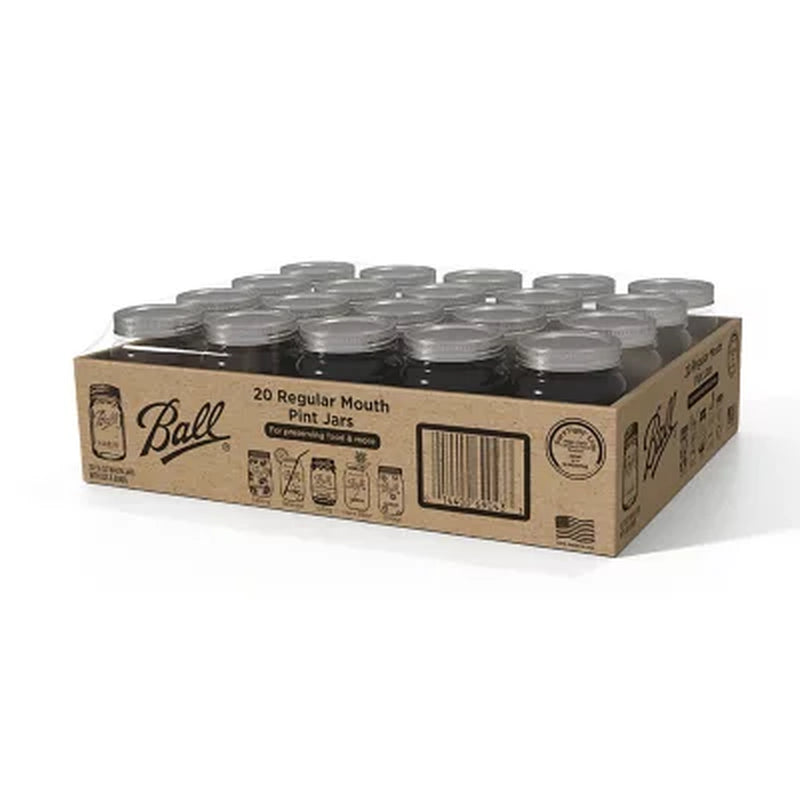 Ball Regular Mouth Mason Jars, 16Oz. Pint Glass Jars with Lids & Bands, 20-Pack
