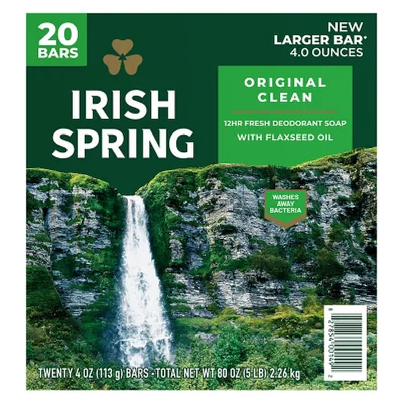 Irish Spring Bar Soap, Original Clean, 4 Oz., 20 Ct.