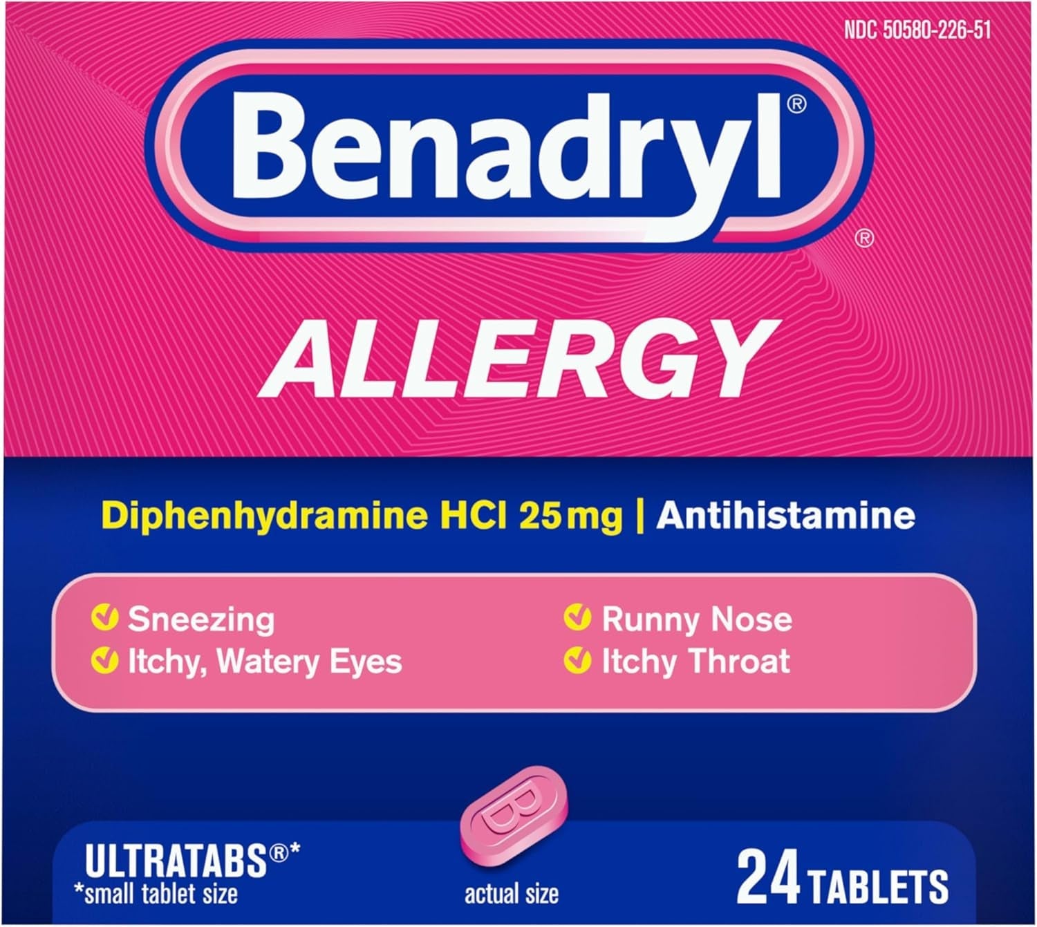 Ultratabs Allergy Relief Medicine, 25 Mg Diphenhydramine Hcl Antihistamine Tablets for Relief of Cold & Allergy Symptoms like Sneezing, Runny Nose, & Itchy Eyes & Throat, 24 Ct