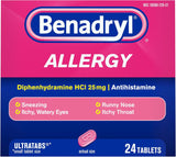 Ultratabs Allergy Relief Medicine, 25 Mg Diphenhydramine Hcl Antihistamine Tablets for Relief of Cold & Allergy Symptoms like Sneezing, Runny Nose, & Itchy Eyes & Throat, 24 Ct