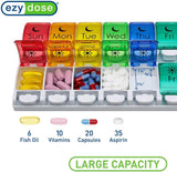 Weekly (7-Day) Pill Case, Medicine Planner, Vitamin Organizer, 2 Times a Day AM/PM, Removeabale Trays, Large Push Button Compartments, Easy to Use, Arthritis Friendly, Rainbow Lids, BPA Free