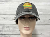 Embroidered Hamburger Baseball Hat for Men Women Adults, Washed Black Cheese Burger Embroidery Snapback Adjustable Dad Hat