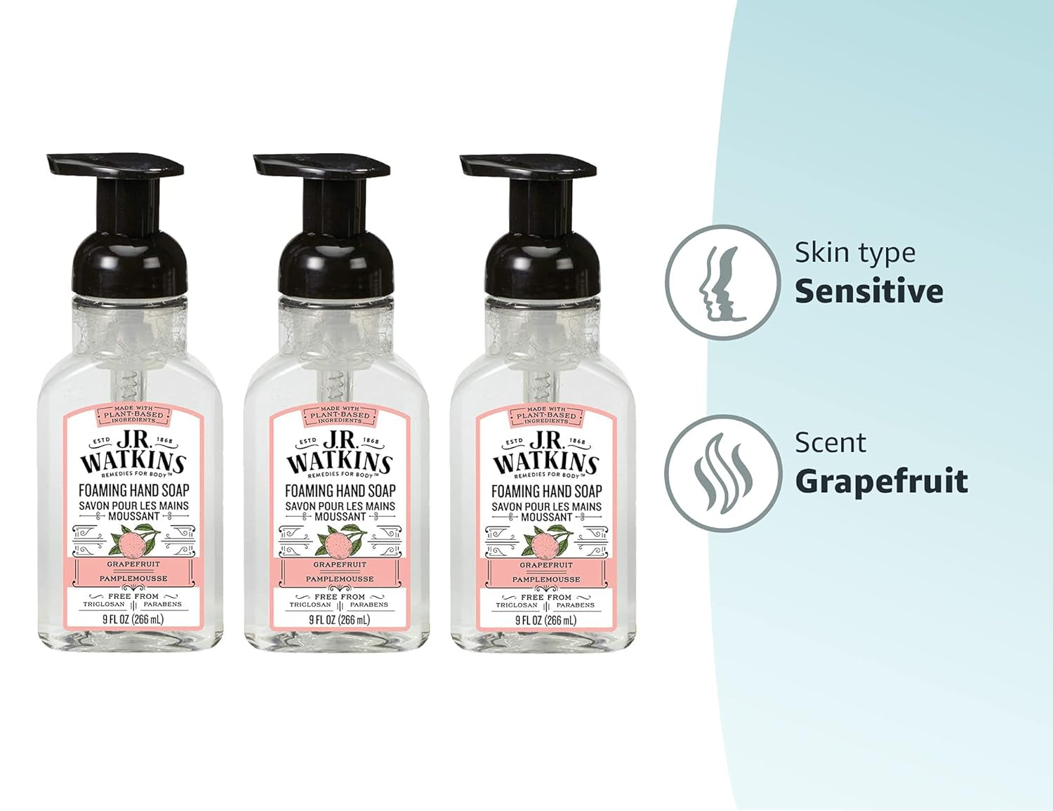 Foaming Hand Soap with Pump Dispenser, Moisturizing Foam Hand Wash, All Natural, Alcohol-Free, Cruelty-Free, USA Made, Grapefruit, 9 Fl Oz, 3 Pack
