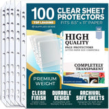 Sheet Protectors for 3 Ring Binder, 100 Pack Premium Clear Page Protector 8.5 X 11 Inch, Plastic Sleeves for Binders, Top Loading Paper Sheets Document Sleeve Letter Size, Photo, Office, Home