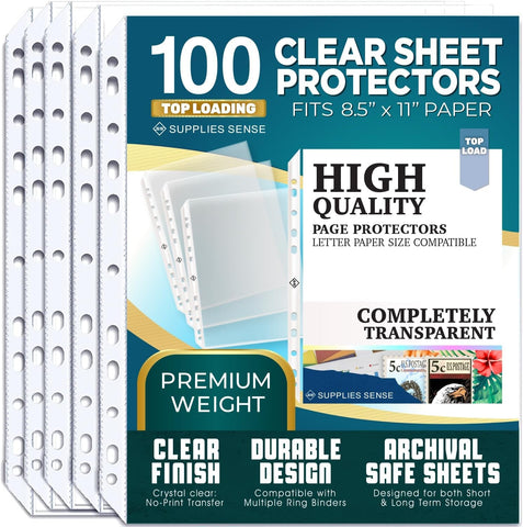 Sheet Protectors for 3 Ring Binder, 100 Pack Premium Clear Page Protector 8.5 X 11 Inch, Plastic Sleeves for Binders, Top Loading Paper Sheets Document Sleeve Letter Size, Photo, Office, Home