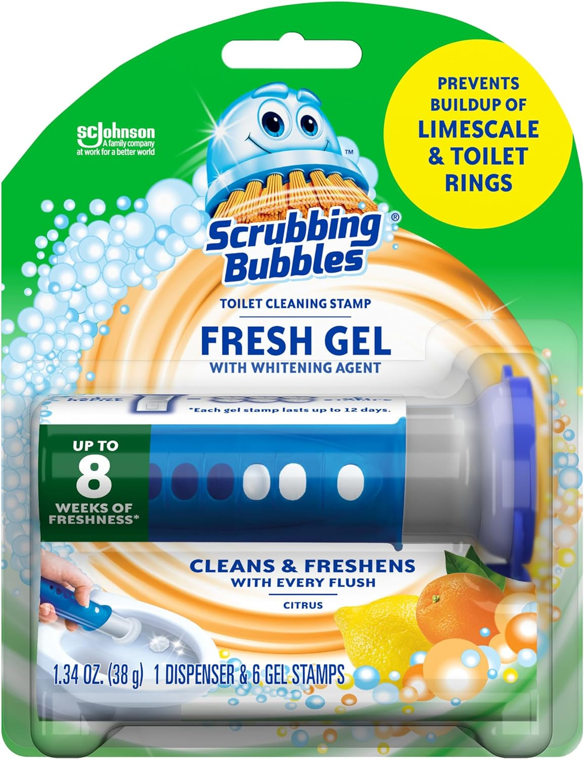 Fresh Gel Toilet Bowl Cleaning Stamps, Helps Keep Toilet Clean and Helps Prevent Limescale & Rings, Citrus Scent, 1 Dispenser with 6 Fresh Gel Stamps