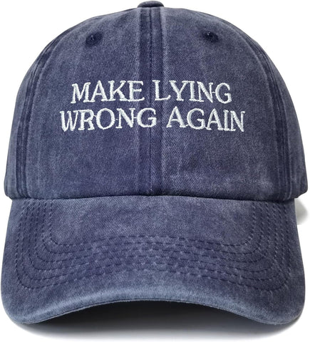 Embroidered Make Lying Wrong Again Hats for Women & Men, Navy Blue Adjustable Baseball Cap Snap Back Cotton Embroidery Dad Hat