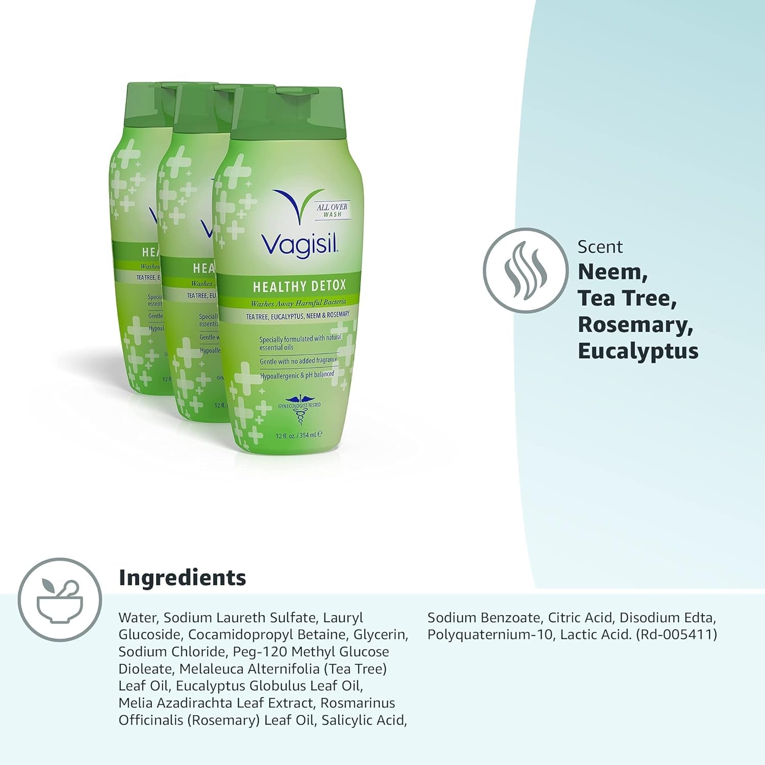 Feminine Wash for Intimate Area Hygiene, Healthy Detox, All over Body Wash for Women, Gynecologist Tested, Hypoallergenic and Ph Balanced, 12 Fl Oz (Pack of 3)